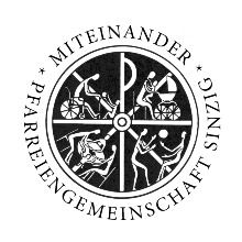 Man sieht gezeichnete Figuren, die einander helfen. Darum als Kreis der Text: Miteinander - Pfarreiengemeinschaft Sinzig