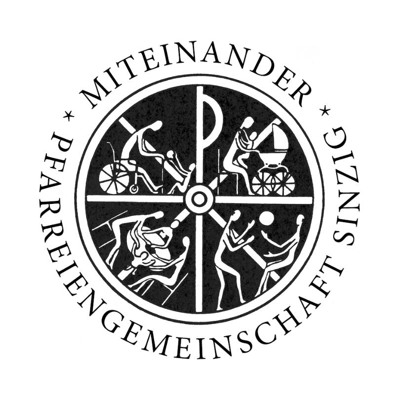 Man sieht gezeichnete Figuren, die einander helfen. Darum als Kreis der Text: Miteinander - Pfarreiengemeinschaft Sinzig